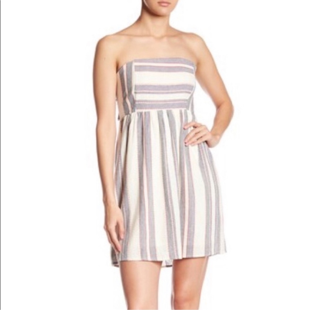 Socialite Cream Blue Red Strapless Striped Tie Back Dress size L
